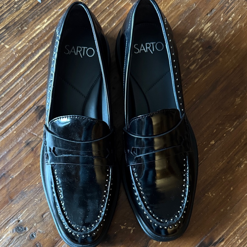 Franco Sarto Shiny Black Loafers with Stud Accents